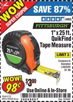 Harbor Freight Coupon 1" X 25 FT. TAPE MEASURE Lot No. 69080/69030/69031 Expired: 12/18/20 - $0.98
