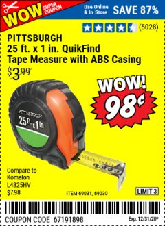 Harbor Freight Coupon 1" X 25 FT. TAPE MEASURE Lot No. 69080/69030/69031 Expired: 12/31/20 - $0.98