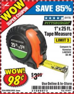 Harbor Freight Coupon 1" X 25 FT. TAPE MEASURE Lot No. 69080/69030/69031 Expired: 4/14/21 - $0.98