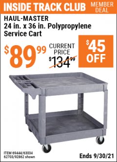 Harbor Freight ITC Coupon 24" X 36" TWO SHELF INDUSTRIAL POLYPROPYLENE SERVICE CART Lot No. 69444/62703/92862 Expired: 9/30/21 - $89.99
