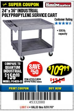 Harbor Freight Coupon 24" X 36" TWO SHELF INDUSTRIAL POLYPROPYLENE SERVICE CART Lot No. 69444/62703/92862 Expired: 8/31/18 - $109.99