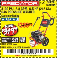 Harbor Freight Coupon 3100 PSI, 2.8 GPM 6.5 HP (212 CC) GAS POWERED PRESSURE WASHERS WITH 25 FT. HOSE Lot No. 62200/62214 Expired: 11/2/18 - $349.99