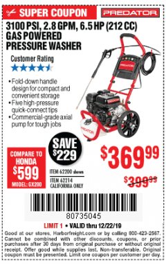 Harbor Freight Coupon 3100 PSI, 2.8 GPM 6.5 HP (212 CC) GAS POWERED PRESSURE WASHERS WITH 25 FT. HOSE Lot No. 62200/62214 Expired: 12/22/19 - $369.99