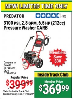 Harbor Freight Coupon 3100 PSI, 2.8 GPM 6.5 HP (212 CC) GAS POWERED PRESSURE WASHERS WITH 25 FT. HOSE Lot No. 62200/62214 Expired: 11/25/20 - $369.99