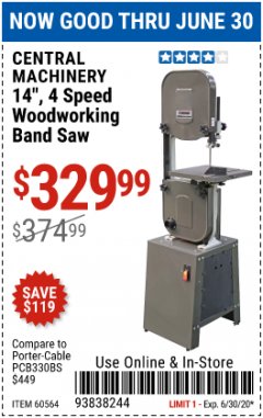Harbor Freight Coupon 14", 4 SPEED WOODWORKING BAND SAW Lot No. 67595/60564 Expired: 6/30/20 - $329.99
