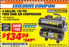 Harbor Freight ITC Coupon 2 HP, 4 GALLON 125 PSI TWIN TANK OIL AIR COMPRESSOR Lot No. 62763/60567 Expired: 10/31/19 - $134.99