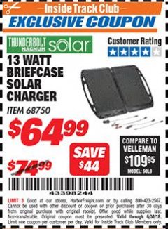 Harbor Freight ITC Coupon 13 WATT BRIEFCASE SOLAR CHARGER Lot No. 68750 Expired: 6/30/18 - $64.99