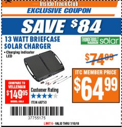 Harbor Freight ITC Coupon 13 WATT BRIEFCASE SOLAR CHARGER Lot No. 68750 Expired: 7/10/18 - $64.99