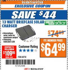 Harbor Freight ITC Coupon 13 WATT BRIEFCASE SOLAR CHARGER Lot No. 68750 Expired: 8/14/18 - $64.99