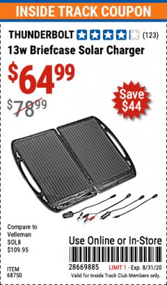 Harbor Freight ITC Coupon 13 WATT BRIEFCASE SOLAR CHARGER Lot No. 68750 Expired: 8/31/20 - $64.99