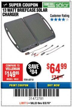 Harbor Freight Coupon 13 WATT BRIEFCASE SOLAR CHARGER Lot No. 68750 Expired: 8/5/18 - $64.99