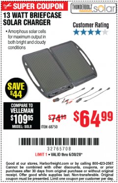 Harbor Freight Coupon 13 WATT BRIEFCASE SOLAR CHARGER Lot No. 68750 Expired: 6/30/20 - $64.99
