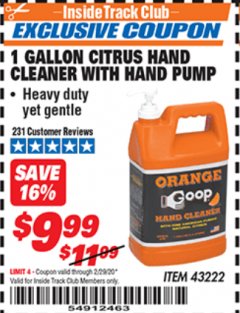 Harbor Freight ITC Coupon 1 GALLON CITRUS HAND CLEANER WITH HAND PUMP Lot No. 43222 Expired: 2/29/20 - $9.99