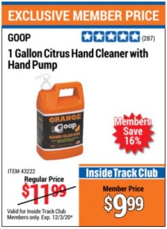 Harbor Freight ITC Coupon 1 GALLON CITRUS HAND CLEANER WITH HAND PUMP Lot No. 43222 Expired: 12/3/20 - $9.99