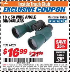 Harbor Freight ITC Coupon 10 X 50 WIDE ANGLE BINOCULARS Lot No. 94527 Expired: 6/30/18 - $16.99