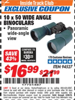 Harbor Freight ITC Coupon 10 X 50 WIDE ANGLE BINOCULARS Lot No. 94527 Expired: 2/28/19 - $16.99
