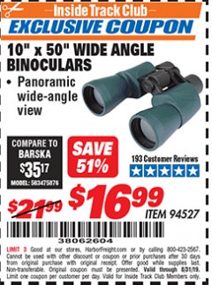 Harbor Freight ITC Coupon 10 X 50 WIDE ANGLE BINOCULARS Lot No. 94527 Expired: 8/31/19 - $16.99
