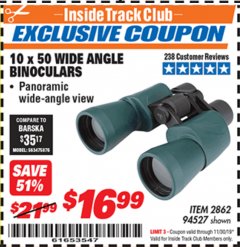 Harbor Freight ITC Coupon 10 X 50 WIDE ANGLE BINOCULARS Lot No. 94527 Expired: 11/30/19 - $16.99