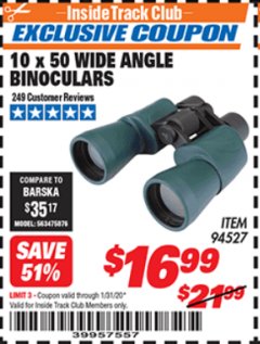 Harbor Freight ITC Coupon 10 X 50 WIDE ANGLE BINOCULARS Lot No. 94527 Expired: 1/31/20 - $16.99