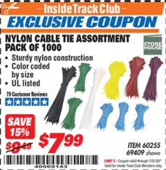 Harbor Freight ITC Coupon 1000 PIECE NYLON CABLE TIE ASSORTMENT Lot No. 69409/60255 Expired: 1/31/20 - $7.99