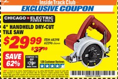 Harbor Freight ITC Coupon 4 IN. HANDHELD DRY-CUT TILE SAW Lot No. 61417/62296/68298 Expired: 4/30/19 - $29.99