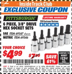 Harbor Freight ITC Coupon 6 PIECE 3/8" DRIVE HEX BIT SOCKET SETS Lot No. 69547/69546 Expired: 1/31/19 - $4.99
