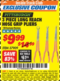 Harbor Freight ITC Coupon PITTSBURGH LONG REACH HOSE GRIP PLIERS, 3-PIECE Lot No. 37909 Expired: 2/28/19 - $9.99