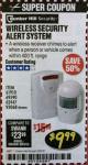 Harbor Freight Coupon WIRELESS SECURITY ALERT SYSTEM Lot No. 61910 / 62447 / 90368 Expired: 2/28/18 - $9.99