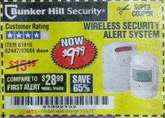 Harbor Freight Coupon WIRELESS SECURITY ALERT SYSTEM Lot No. 61910/62447/90368 Expired: 10/3/18 - $9.99