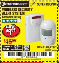 Harbor Freight Coupon WIRELESS SECURITY ALERT SYSTEM Lot No. 61910 / 62447 / 90368 Expired: 8/20/18 - $9.99