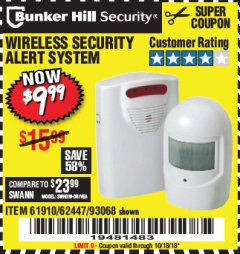 Harbor Freight Coupon WIRELESS SECURITY ALERT SYSTEM Lot No. 61910 / 62447 / 90368 Expired: 10/18/18 - $9.99