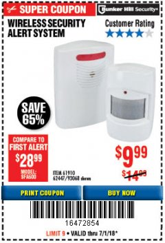 Harbor Freight Coupon WIRELESS SECURITY ALERT SYSTEM Lot No. 61910 / 62447 / 90368 Expired: 7/1/18 - $9.99