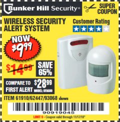 Harbor Freight Coupon WIRELESS SECURITY ALERT SYSTEM Lot No. 61910 / 62447 / 90368 Expired: 11/17/18 - $9.99