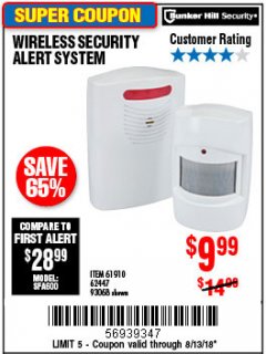 Harbor Freight Coupon WIRELESS SECURITY ALERT SYSTEM Lot No. 61910 / 62447 / 90368 Expired: 8/13/18 - $9.99