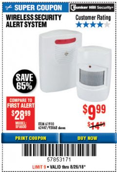 Harbor Freight Coupon WIRELESS SECURITY ALERT SYSTEM Lot No. 61910 / 62447 / 90368 Expired: 8/26/18 - $9.99