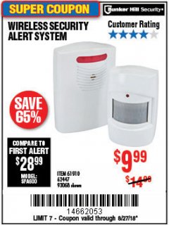 Harbor Freight Coupon WIRELESS SECURITY ALERT SYSTEM Lot No. 61910 / 62447 / 90368 Expired: 8/27/18 - $9.99