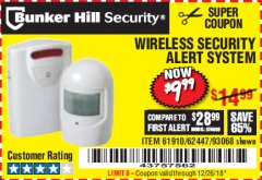 Harbor Freight Coupon WIRELESS SECURITY ALERT SYSTEM Lot No. 61910 / 62447 / 90368 Expired: 12/26/18 - $9.99