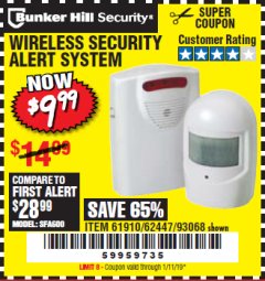 Harbor Freight Coupon WIRELESS SECURITY ALERT SYSTEM Lot No. 61910 / 62447 / 90368 Expired: 1/11/19 - $9.99