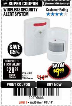 Harbor Freight Coupon WIRELESS SECURITY ALERT SYSTEM Lot No. 61910 / 62447 / 90368 Expired: 10/31/18 - $9.99