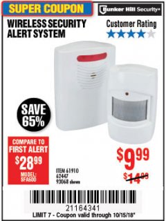 Harbor Freight Coupon WIRELESS SECURITY ALERT SYSTEM Lot No. 61910 / 62447 / 90368 Expired: 10/15/18 - $9.99