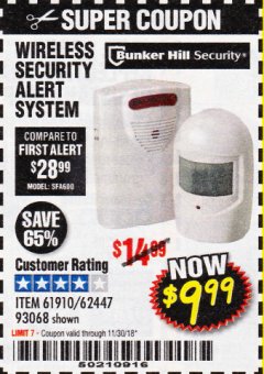 Harbor Freight Coupon WIRELESS SECURITY ALERT SYSTEM Lot No. 61910/62447/90368 Expired: 11/30/18 - $9.99