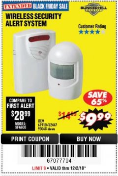Harbor Freight Coupon WIRELESS SECURITY ALERT SYSTEM Lot No. 61910 / 62447 / 90368 Expired: 12/2/18 - $9.99