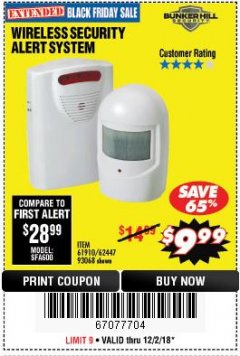 Harbor Freight Coupon WIRELESS SECURITY ALERT SYSTEM Lot No. 61910/62447/90368 Expired: 12/2/18 - $9.99