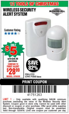 Harbor Freight Coupon WIRELESS SECURITY ALERT SYSTEM Lot No. 61910 / 62447 / 90368 Expired: 12/24/18 - $5