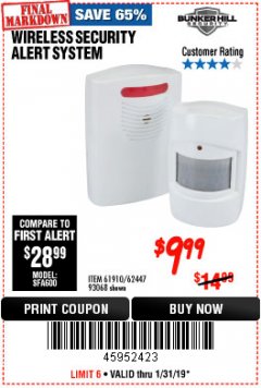 Harbor Freight Coupon WIRELESS SECURITY ALERT SYSTEM Lot No. 61910 / 62447 / 90368 Expired: 1/31/19 - $9.99