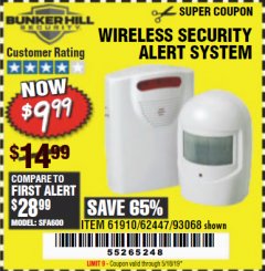 Harbor Freight Coupon WIRELESS SECURITY ALERT SYSTEM Lot No. 61910 / 62447 / 90368 Expired: 5/18/19 - $9.99