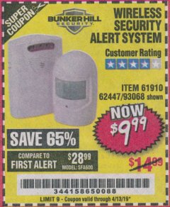 Harbor Freight Coupon WIRELESS SECURITY ALERT SYSTEM Lot No. 61910 / 62447 / 90368 Expired: 4/13/19 - $9.99