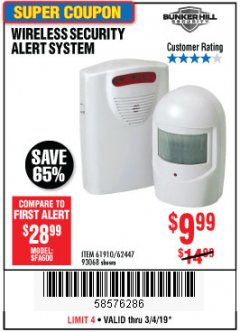 Harbor Freight Coupon WIRELESS SECURITY ALERT SYSTEM Lot No. 61910/62447/90368 Expired: 3/4/19 - $9.99