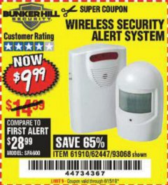 Harbor Freight Coupon WIRELESS SECURITY ALERT SYSTEM Lot No. 61910 / 62447 / 90368 Expired: 6/15/19 - $9.99