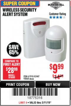 Harbor Freight Coupon WIRELESS SECURITY ALERT SYSTEM Lot No. 61910 / 62447 / 90368 Expired: 3/11/19 - $9.99